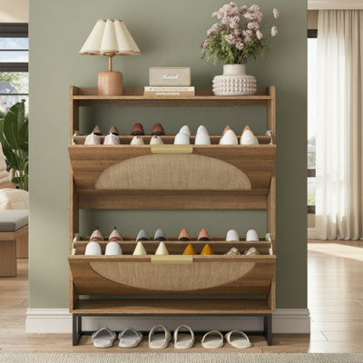 Country-Style Oak And Rattan Narrow Shoe Cabinet, 2 Flip-Top Drawers + Concealed Gold Handles, Metal Legs, Freestanding Design For The Entryway.