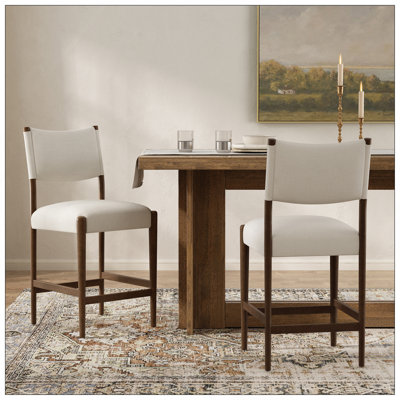 Ensemble de 2 tabourets de bar en bois massif de 26,4 po, tabourets de bar modernes, ensemble de 2 chaises en îlot de cuisine revêtues de lin avec pieds en bois au fini noyer pour café-bar Home, beige