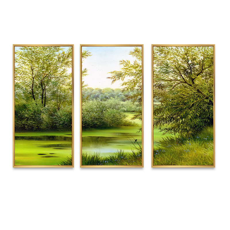 «Beautiful Summer River Through Trees Landscape», ensemble d'art mural sur toile encadré champêtre, Blanc