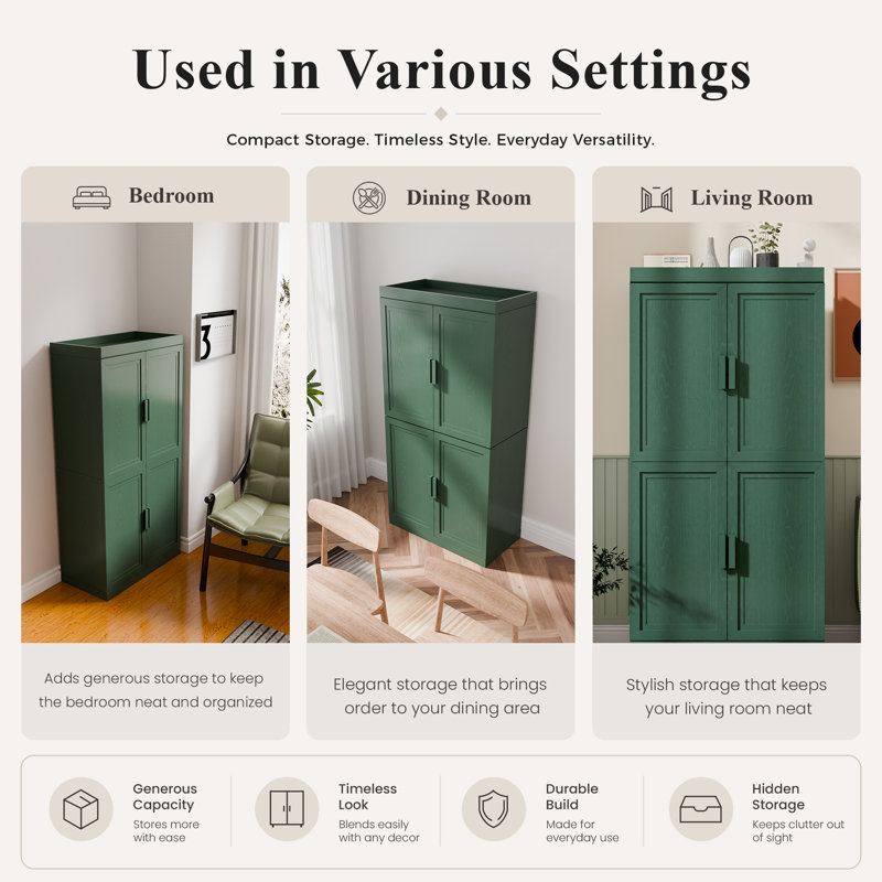 62" Tall Modern 4-Door Freestanding Storage Cabinet with Adjustable Shelves, Forest Green