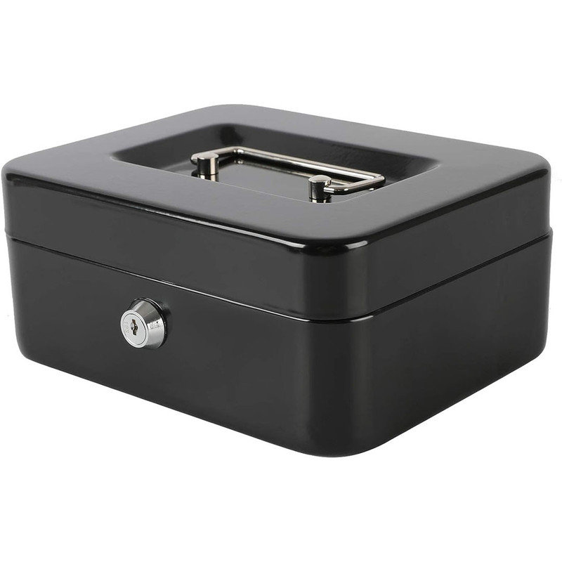 Durable Tabletop Locking Steel Medium Cash Box, Cash Drawer with Removable Coin Tray, Black