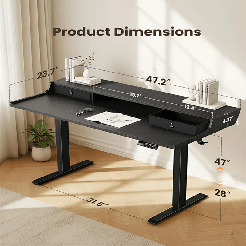 Momoyo Adjustable Height Desk with Drawers, Black