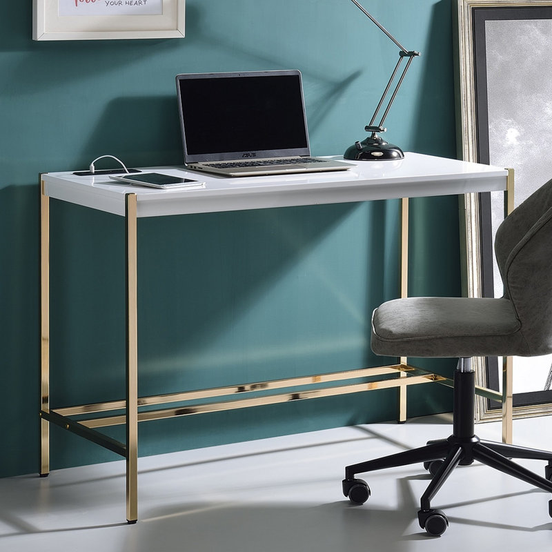 Bureau d'écriture rectangulaire avec ports USB, Blanc