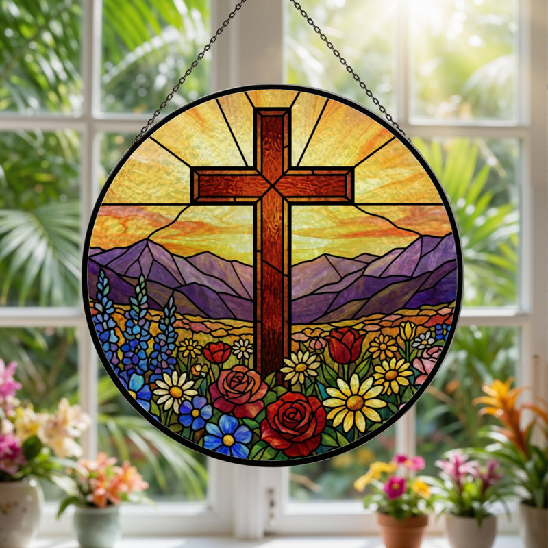 7.8"H Cross Landscape Stained Glass Window Panel, 7.8" H x 7.8" W