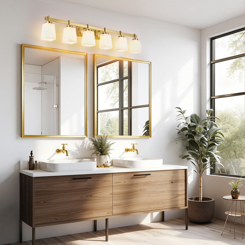 ETL Certificated 6-Light Vanity Light With Milk Glass Shades, Large Modern Bathroom Light Fixture, Brushed Gold
