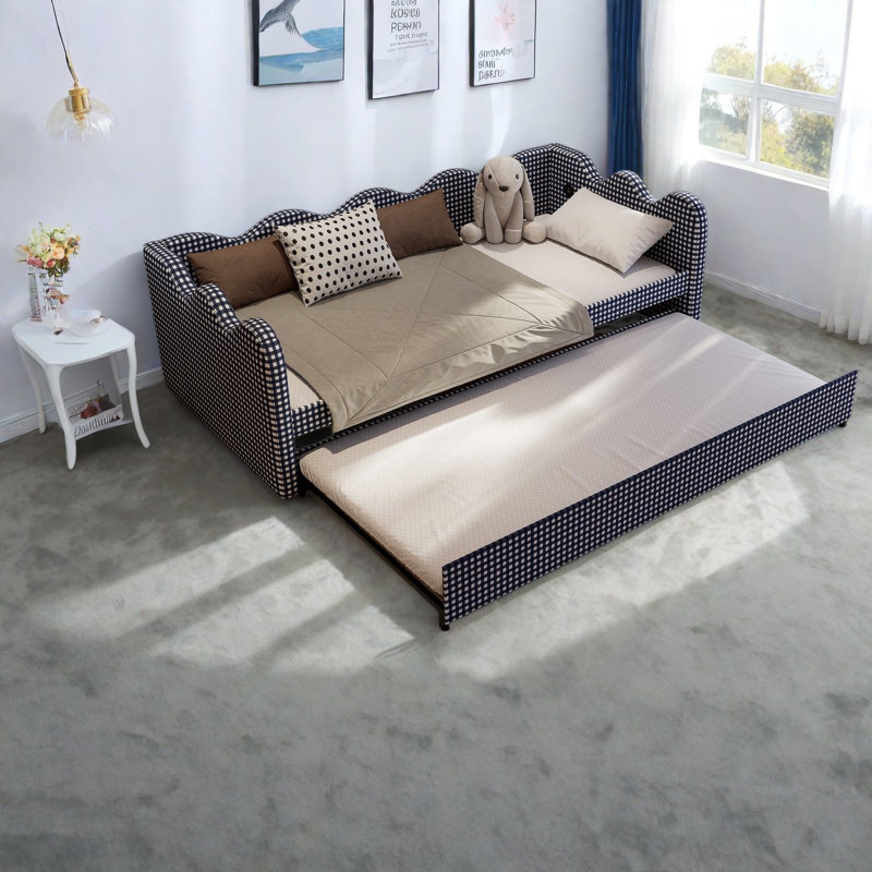 Canapés extensibles multifonctionnels, tissu à carreaux bleus, bois et métal, style moderne pour la maison