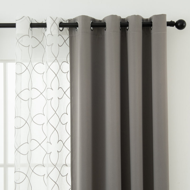 Embroidery Sheer & Solid Blackout Curtain Panel Pair Set, 4 Piece Treatment For Living Room & Bedroom, Gray, 52" W x 95" L