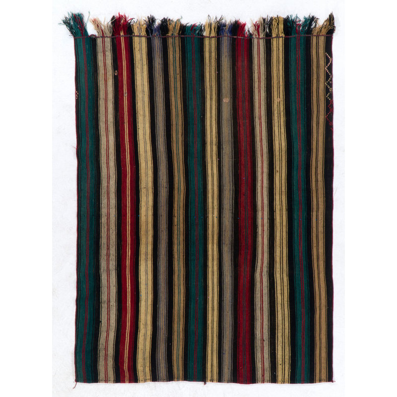 Kilim anatolien tissé à la main de 5,4 x 7 pi (bandes plates) avec bandes verticales, entièrement en laine