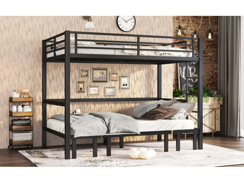 Lit superposé simple TG au-dessus de simple TG, le lit inférieur peut être retiré en trois sections, le lit supérieur est équipé de rails de sécurité, noir.