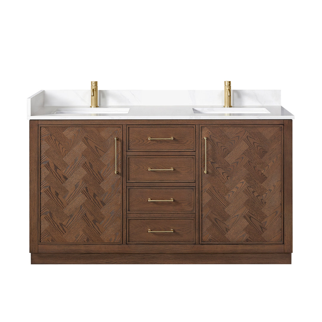Jakarta 60" Double Bath Vanity with Silk White Quartz Stone Top Loon Peak® Base
