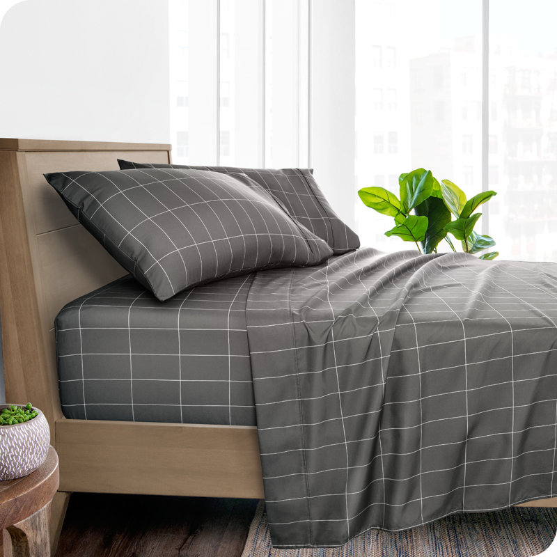Queen Grid Grey/White Microfiber Deep Pocket Sheet Set
