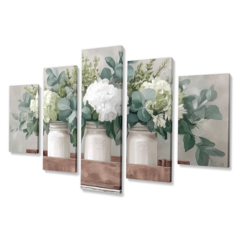 Rustic Farmhouse Peonies - Farm Canvas Print, White Farmhouse Wall Art 5 Panel