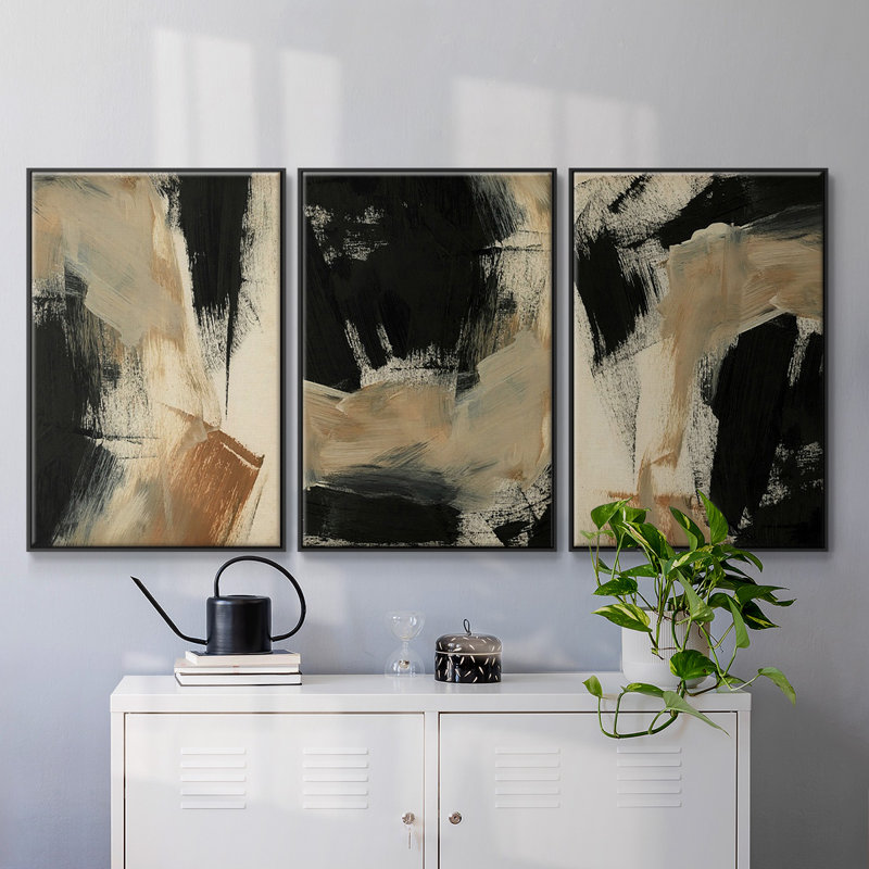 " Baked Paintstrokes IV " 3 - Pieces, Black, 48" H x 96" W x 2" D