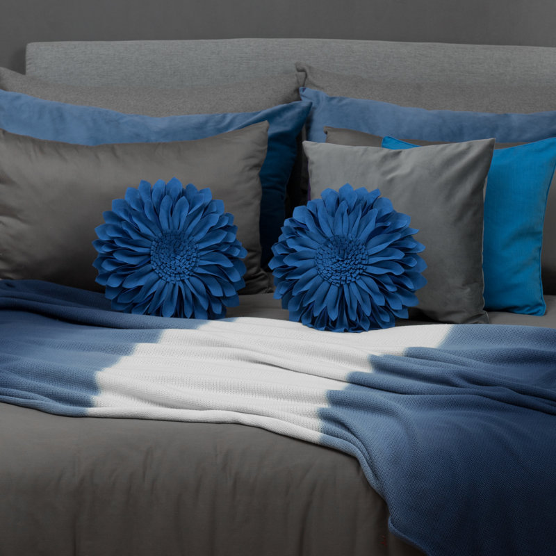 3D Floral Round Throw Pillow Sunflower Decorative Accent Pillow Cover & Insert, 14"H x 14"W, Sapphire-SolidSuede