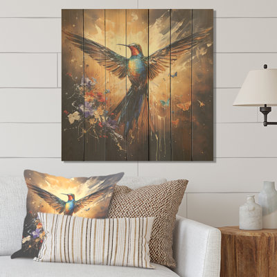 Colibri à plumes, flamme II - animal colibri sur bois