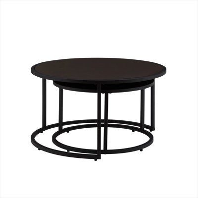 Round Nesting Coffee Table Set of 2, Warm Brown Faux Leather Top with Black Metal Base, Space-Saving Design for Living Room