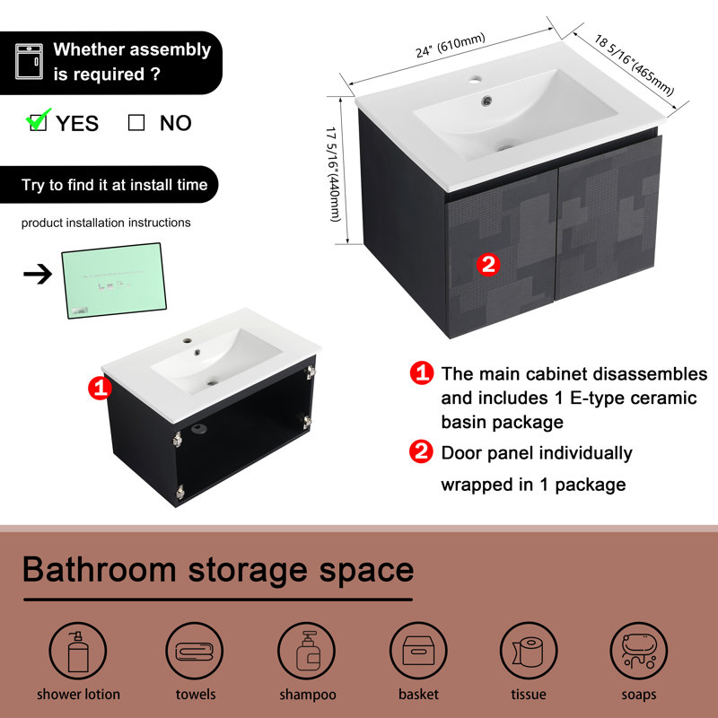 Meuble-lavabo simple 24 po avec comptoir en céramique 24 po