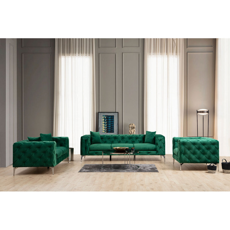 Canapé moderne 2 places, tissu en polyester vert, 77,6 x 27,6 x 35,4 pouces | Structure en bois de hêtre et en carton, pieds en métal chromé, 2 coussins, housses amovibles | Siège confortable avec coussin de dossier fixe, conception élégante