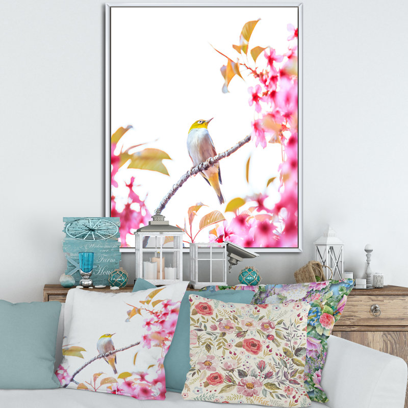 Oiseau sur une fleur de cerisier - Photographie sur toile, H 20 po x l 12 po x P 1po, Cadre blanc
