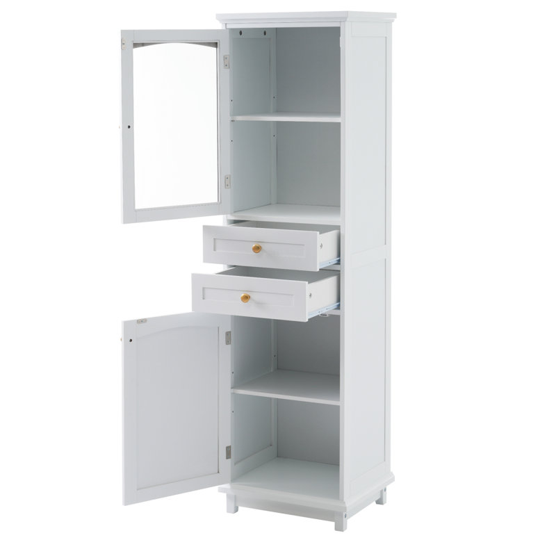 63" Tall Bathroom Storage Cabinet with Glass Doors, Freestanding, 2 Drawers, Adjustable Shelves, MDF, White