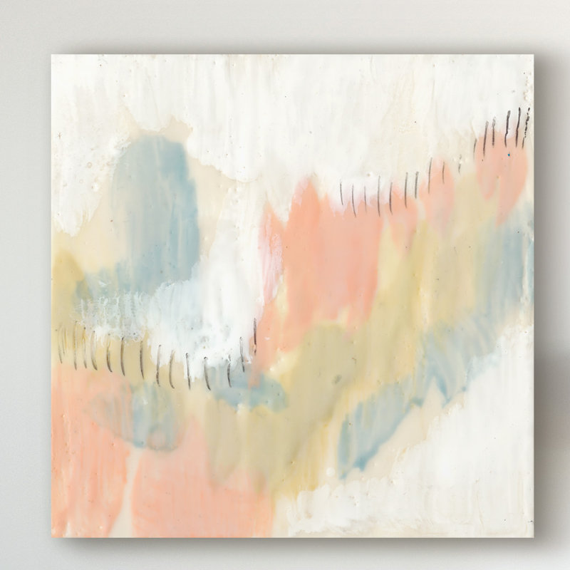« cousue pastels i », peinture sur toile tendue, H 14 po x l 14 po x P 2 po