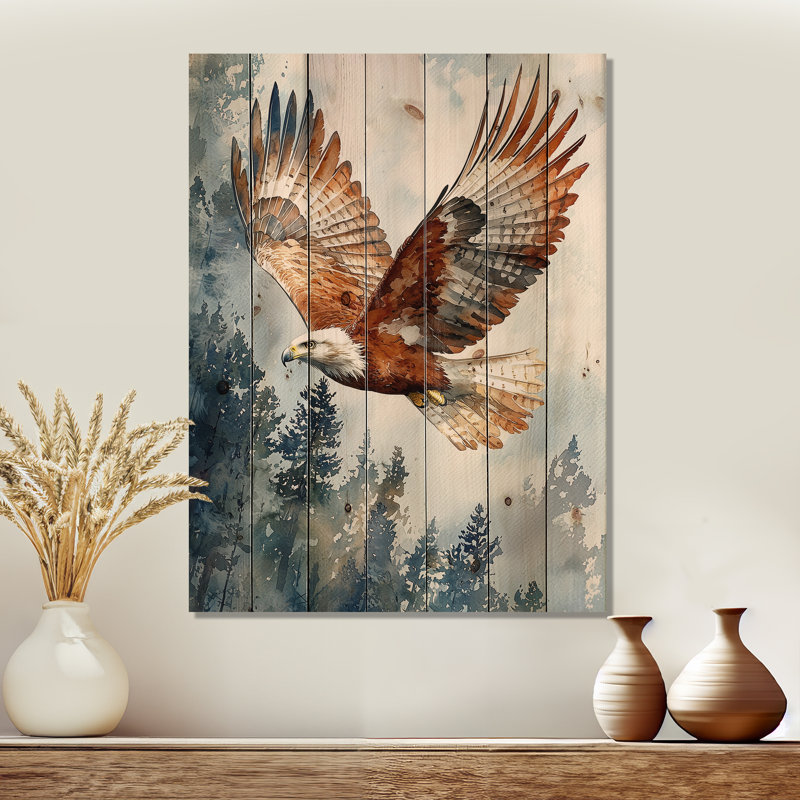 Aigle brun en vol II - Décoration murale en bois d'oiseau - sur bois de pin naturel, H 44 po x l 34 po x P 0,78 po