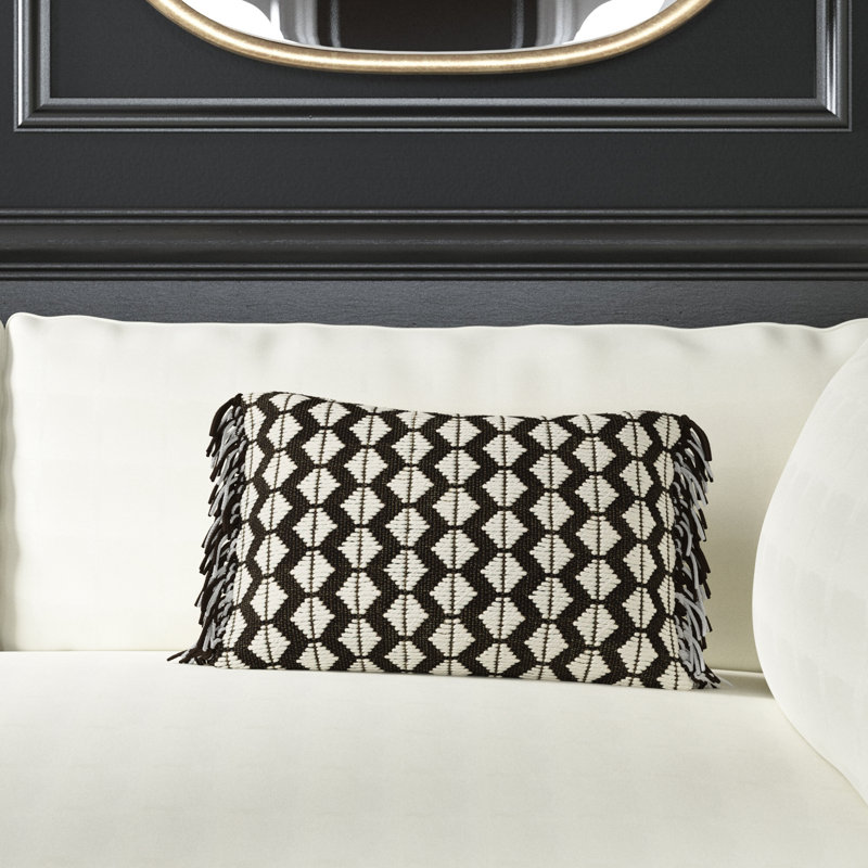 Senda Fringed Outdoor Throw Pillow, Black/Ivory, Pillow Cover Only - No Insert