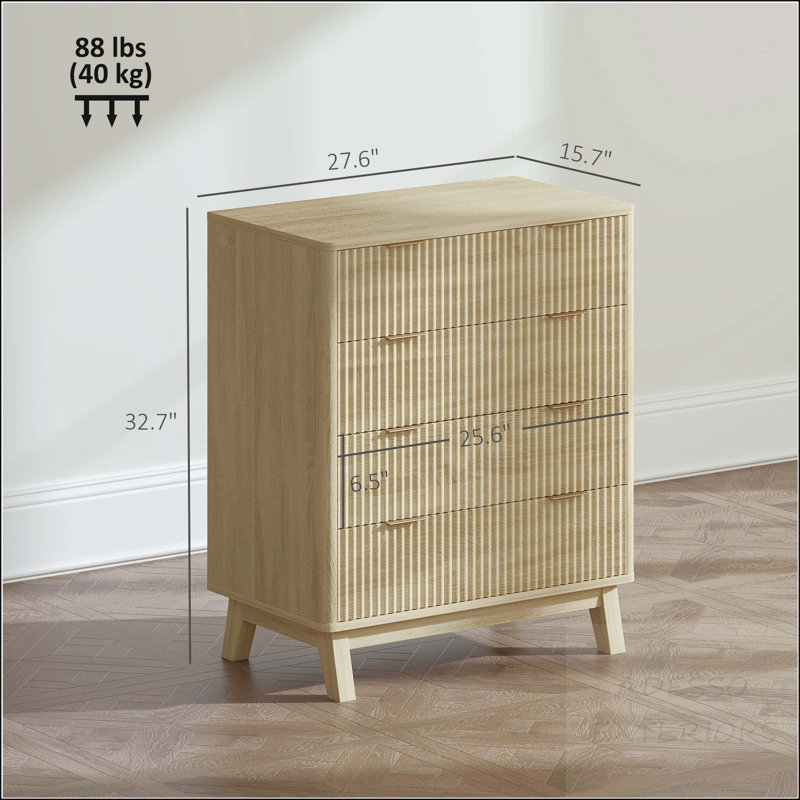 Commode cannelée à 4 tiroirs - devant ondulé avec poignées dorées