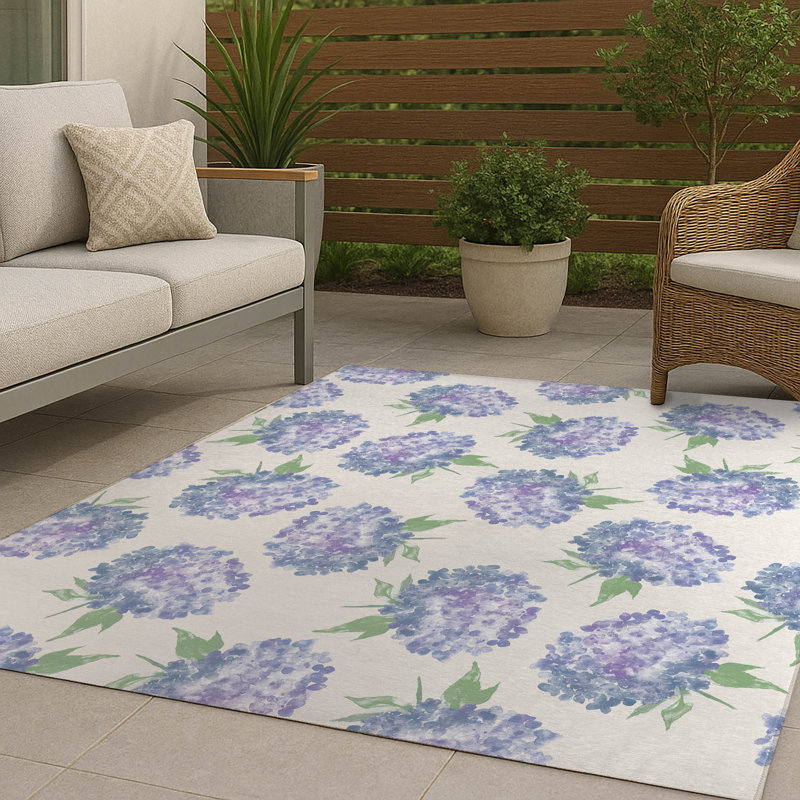 Tapis d'extérieur Hydrangea Love, Ivoire ivoire, Rectangulaire 2 pi x 3 pi