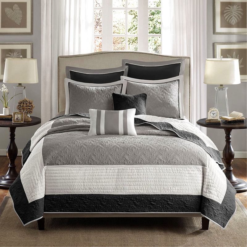 Courtepointe noire 7 pièces avec coussins décoratifs Euro et 2 coussins, Édredon de très grande taille et 6 pièces suppl
