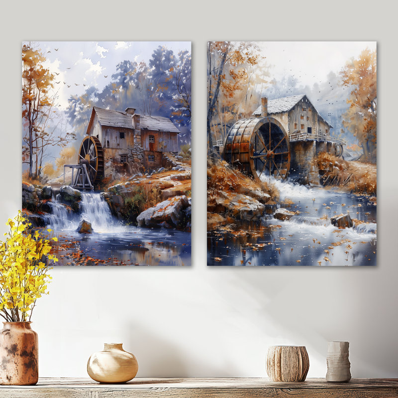 Ensemble de 2 décorations murales en métal gris et orange avec moulin à eau Wonder Mill I, 32" H x 48" W