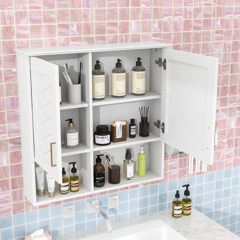Armoire à pharmacie murale avec miroir, tablettes et portes, Blanc