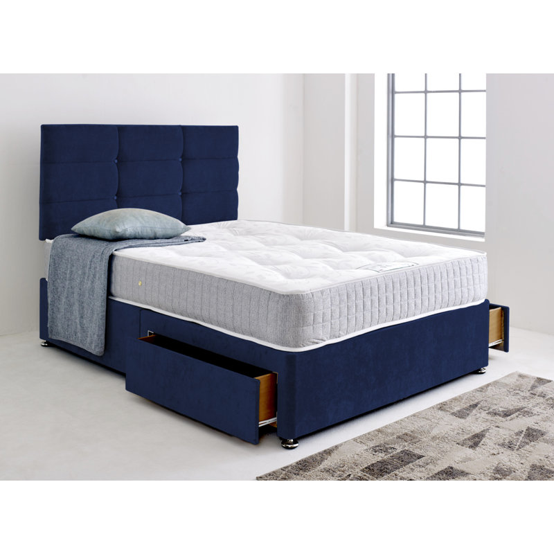 Divan Bed Base with Cube Headboard, Small Double (120 x 190 cm), Midnight Blue, 2 Drawers Foot End