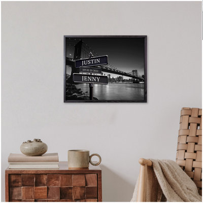 Personalized Street Sign Canvas Wall Art with Custom Names & Date – Brooklyn Bridge New York Night Skyline, Black & White Romantic Anniversary Gift