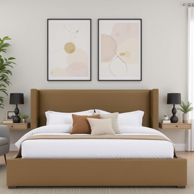Vegan Leather Wingback Bed, King, Caramel
