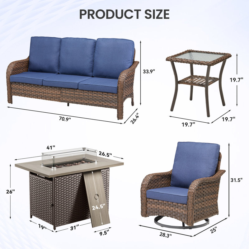 Ensemble de conversation d'extérieur en osier pour 5 personnes avec coussins confortables, Bleu