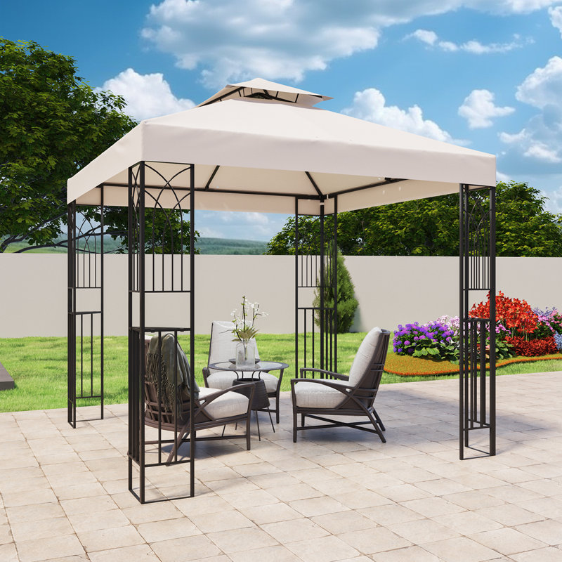 Beige Powder Coated Steel Patio Gazebo with Double Roof