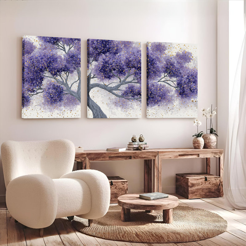 Ensemble de 3 tableaux sur toile représentant un arbre en fleurs violettes, pour la décoration du salon et de la chambre.