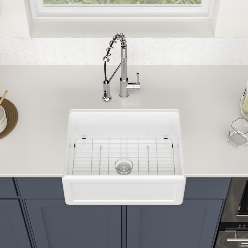 Évier de cuisine à cuve simple en céramique blanche à tablier frontal L 24 po x l 18 po