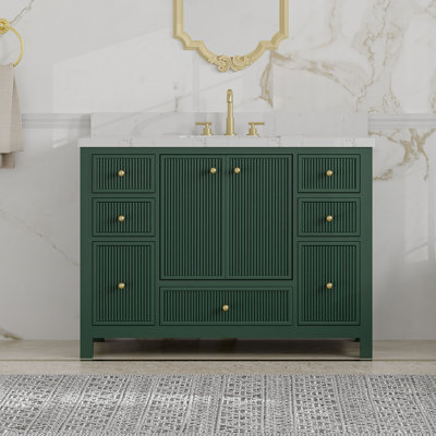 Meuble-lavabo 48 po avec lavabo sous-comptoir simple, plateau en marbre de culture, 2 portes à fermeture en douceur et 7 tiroirs, armoire en chêne massif et bois d'ingénierie