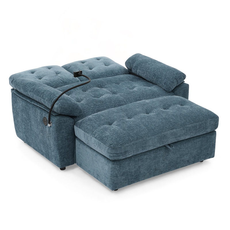 Double canapé inclinable avec port de charge USB et repose-pieds de rangement, Chenille bleu