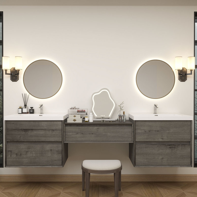 Meuble-lavabo mural Aliki avec évier en acrylique renforcé, Chêne fumé