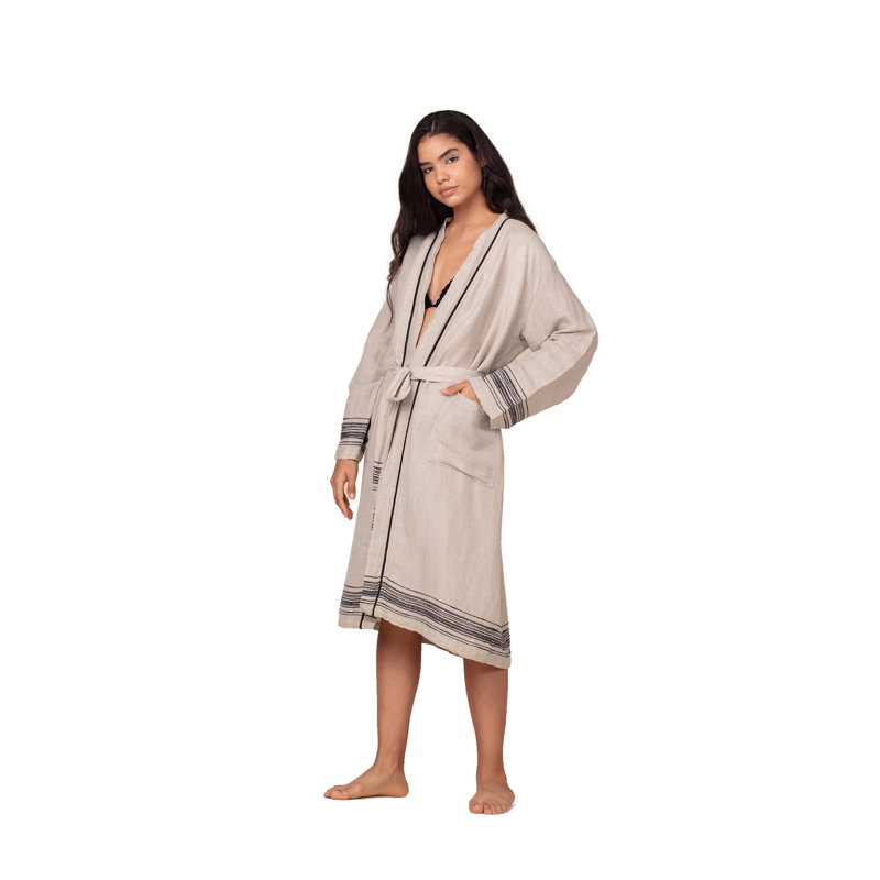 Peignoir 100% coton avec poches, G / TG, Noir/crème