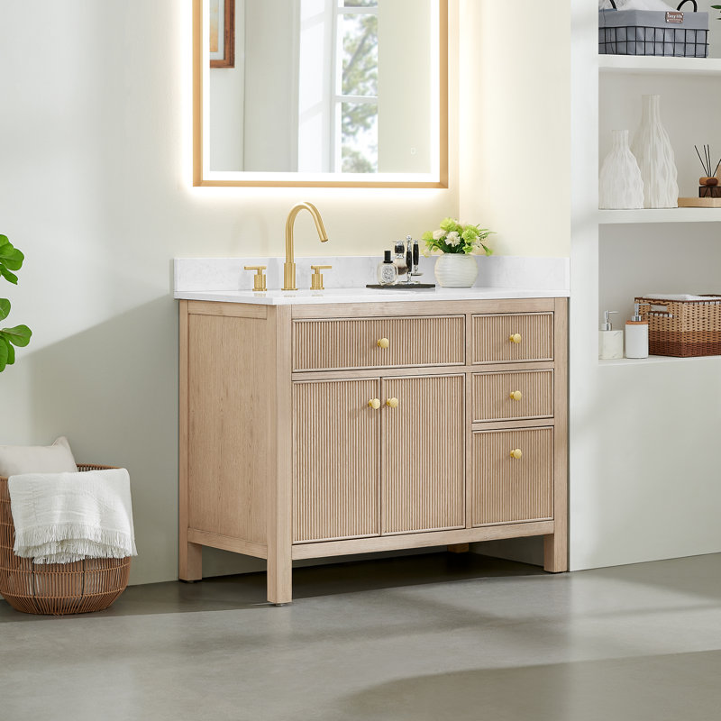 Meuble-lavabo simple Lala de 42 po avec comptoir en pierre reconstituée blanche grainée, sans miroir, Chêne naturel