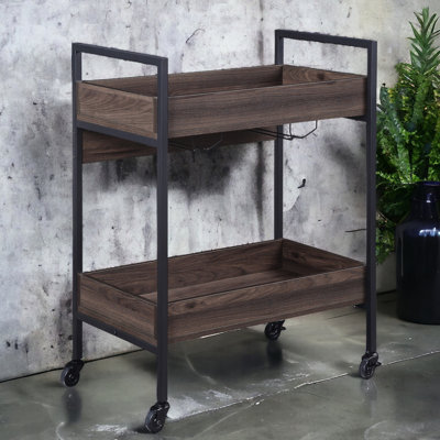 Rectangular Serving Cart In Walnut & Black With 2 Tier Shelf Architecture And Decoration Shelves Cup Holder