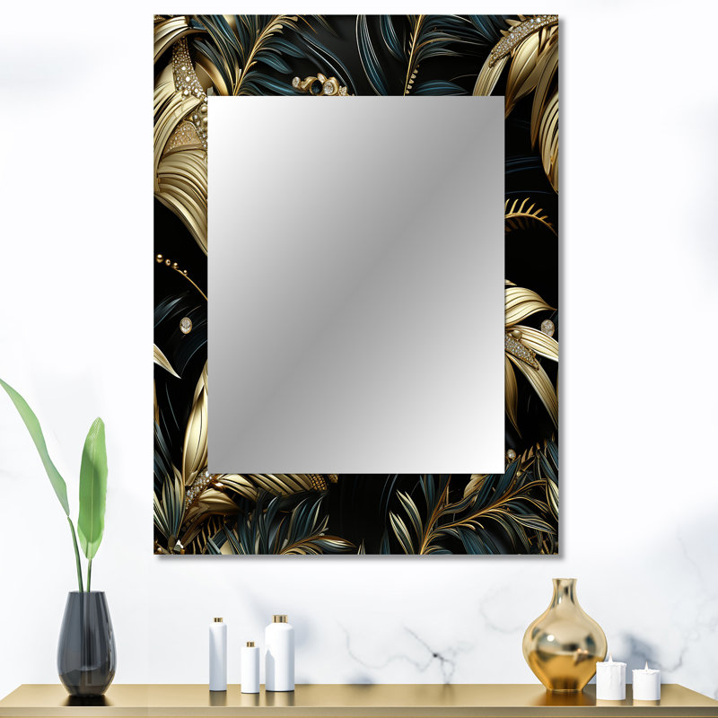 Clune Hollywood opulent charm or et noir - grand miroir mural damassé, miroir décoratif damassé, impression sur métal