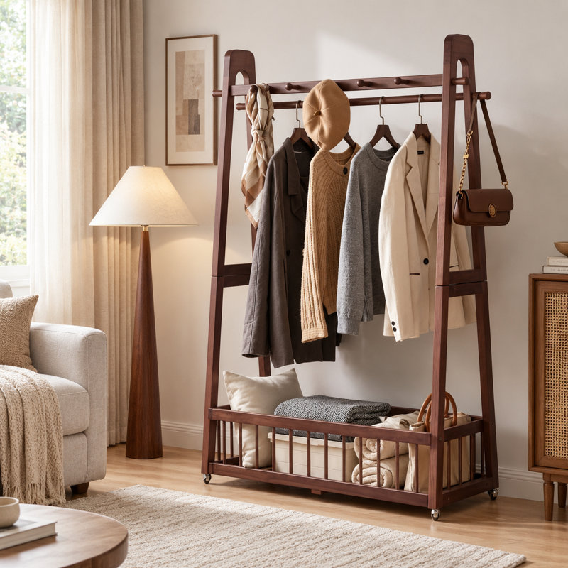 Portant à vêtements en bois massif avec panier de rangement, portant autoportant avec barre de suspension et crochets, portant à vêtements à roulettes pour chambre, entrée, salon, finition noyer