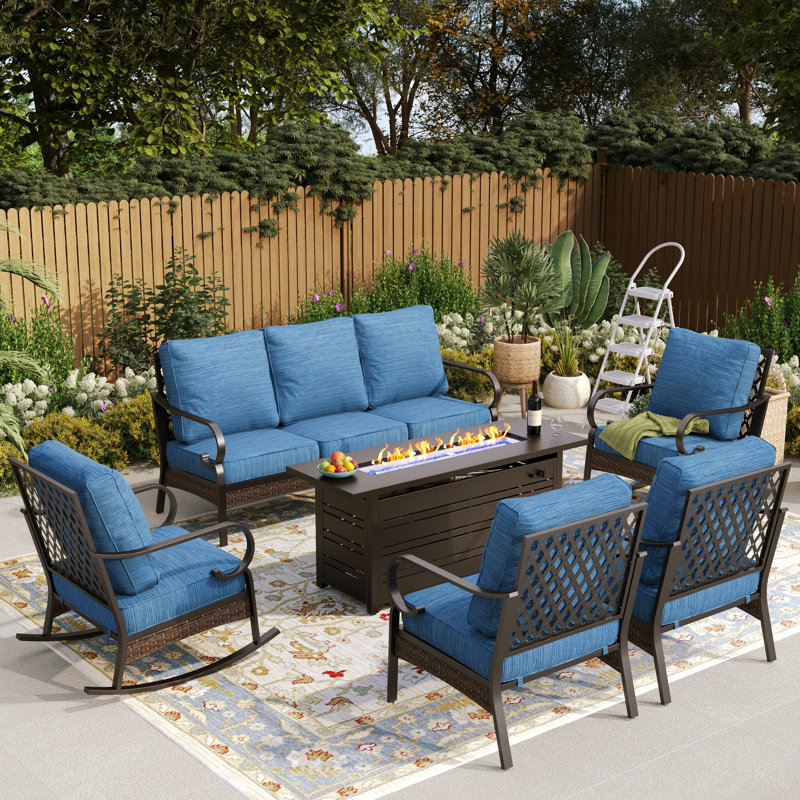 7 Person Outdoor Patio Seating Set With 2 Rocking Lounge Chairs & Fire Pit Table, Black/Peacock Blue/Black