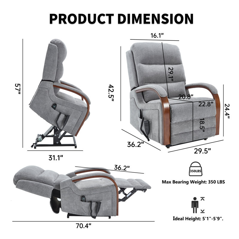 Aura Dual Motor Power Lift Chenille 180° Recliner With Wooden Armrests, Heated Massage, Side Pockets, Gray