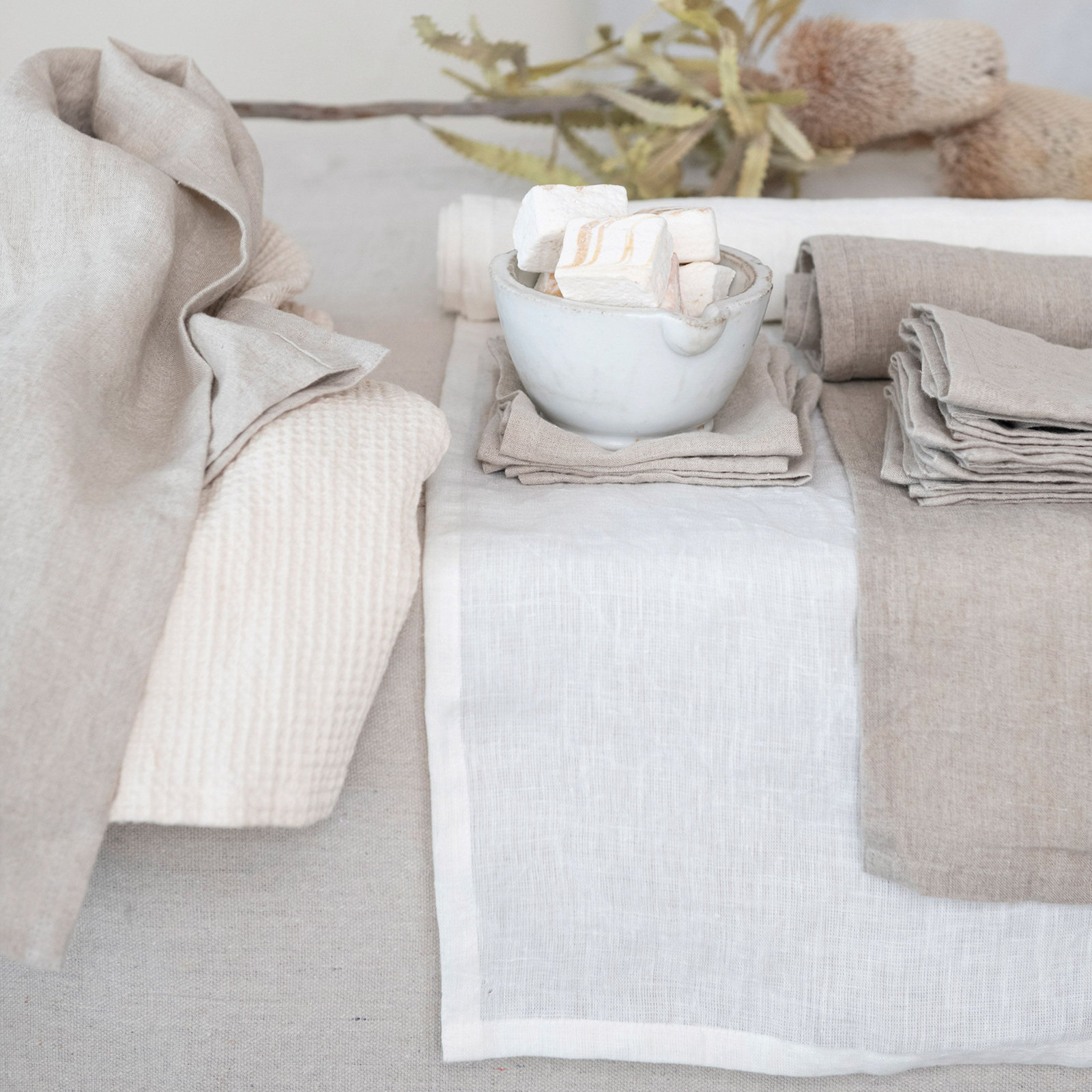 Vernon Rectangle Linen Table Runner, Ivory